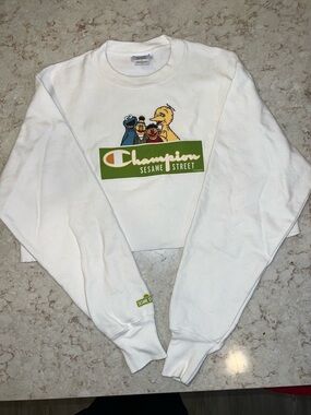 Champion White Sweatshirt with Green & Yellow Sesame Street Logo